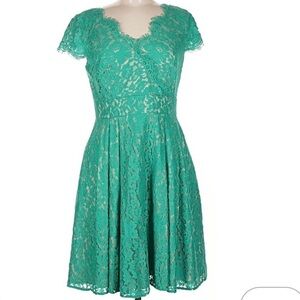 Eliza J Crochet Wrap Fit & Flare Mini Dress, green lace, Sz 8, new